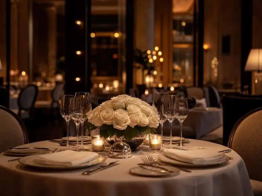 Elegant romantic dinner table setting representing Ariana Grande dating history and relationships