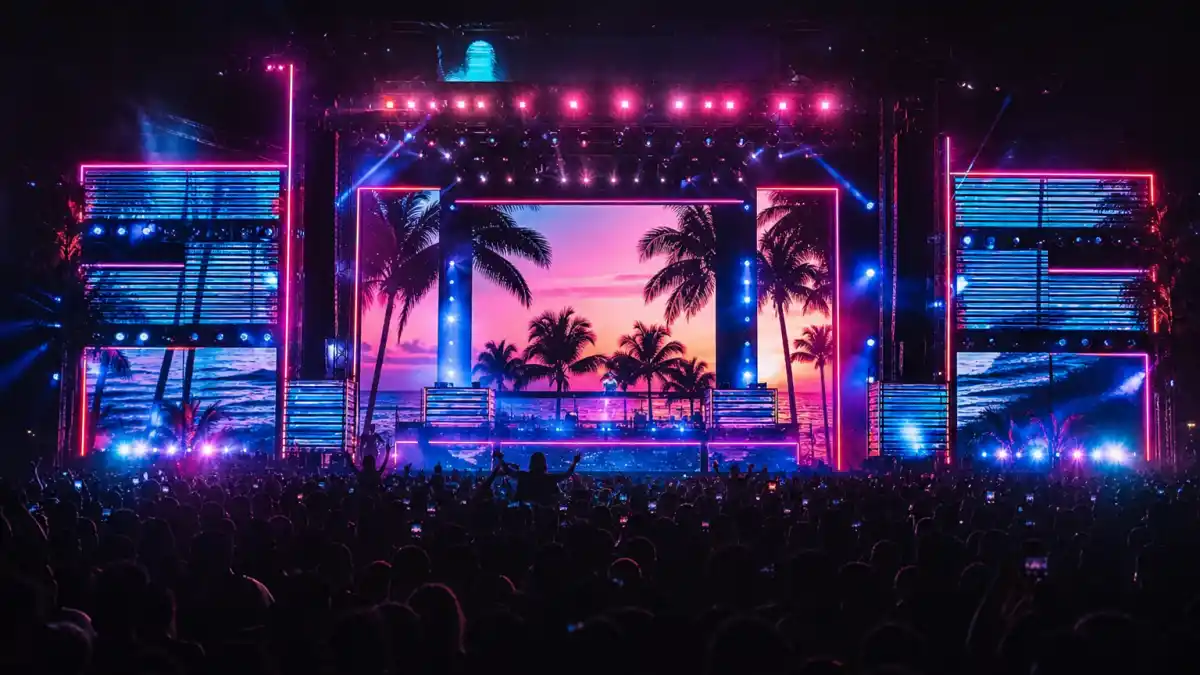 Latin music concert stage with neon lights representing who is Bad Bunny dating 2026