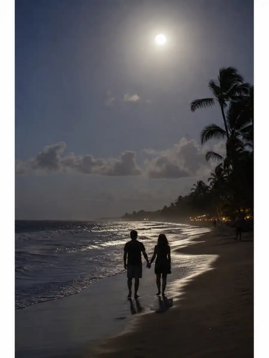 Romantic beach silhouette representing Bad Bunny dating history web story poster