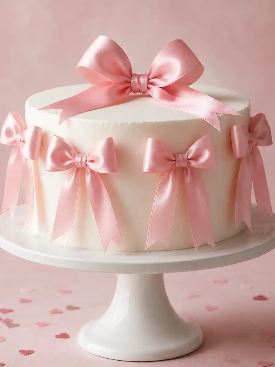 Beanie Feldstein pregnant web story poster featuring a white cake with pink bows celebrating her first baby