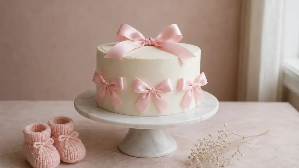 White cake decorated with pink bows celebrating Beanie Feldstein pregnant first baby announcement