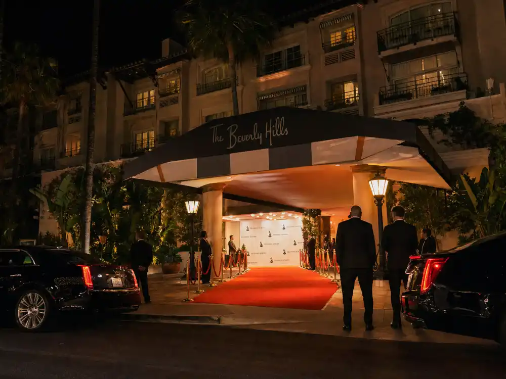 Beverly Hills hotel red carpet entrance set for the Janet Jackson Grammy Hall of Fame event arrival on May 8, 2026