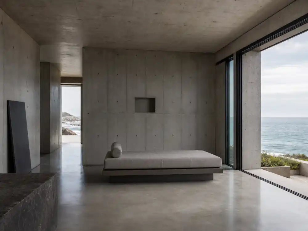 Tadao Ando style brutalist concrete great room inside the Beyonce house