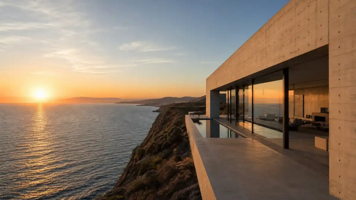 Aerial view of the Beyonce house — a $200M Tadao Ando concrete mansion on the Malibu coastline