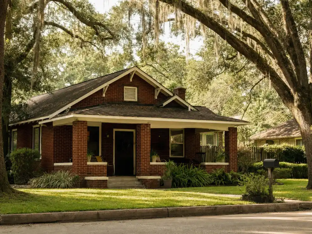 Modest red brick Texas bungalow on a Houston Third Ward street — the celebrity childhood home where Beyoncé grew up