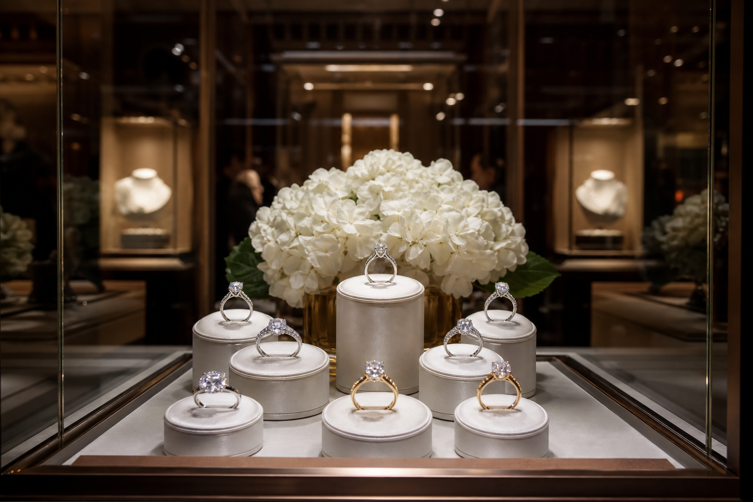 Luxury jewelry store display featuring the biggest celebrity engagement rings with spotlight illumination
