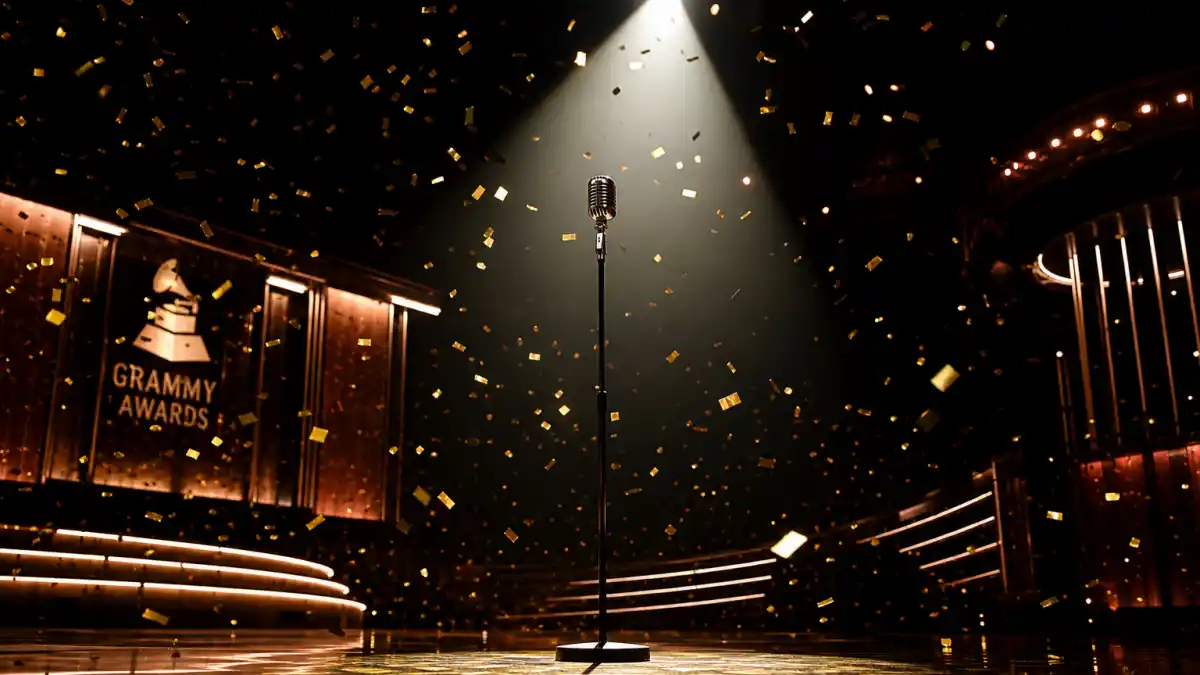 Grammy Awards stage spotlight and microphone where Billie Eilish and Nat Wolff made their red carpet debut