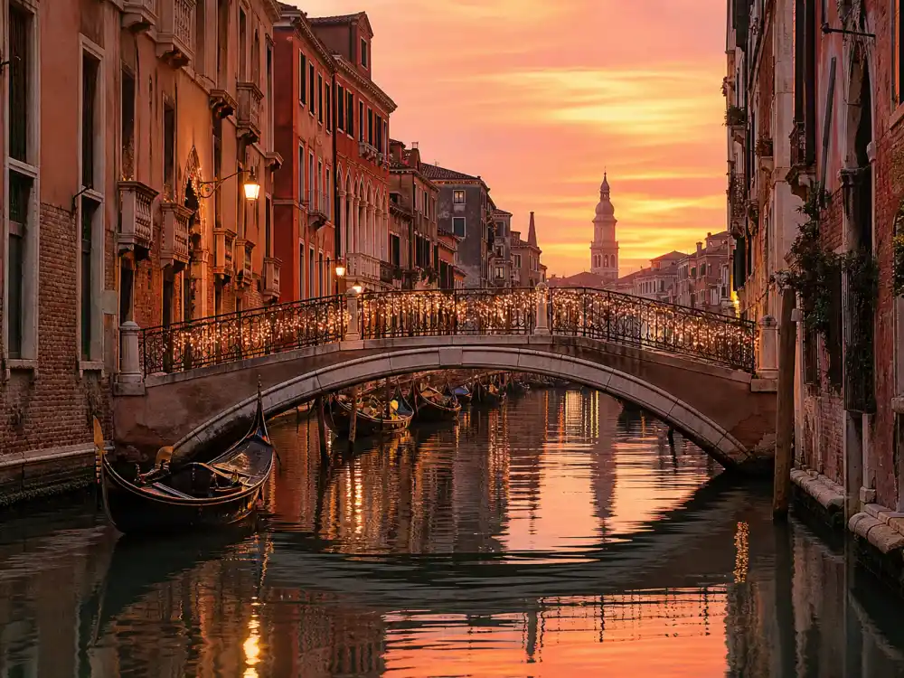 Romantic Venice canal bridge at sunset where Billie Eilish and Nat Wolff were photographed together
