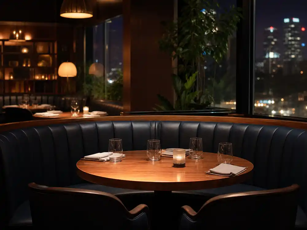 A calm restaurant booth illustrates Blue Dog Tavern Sherman Oaks context in celebrity reporting.