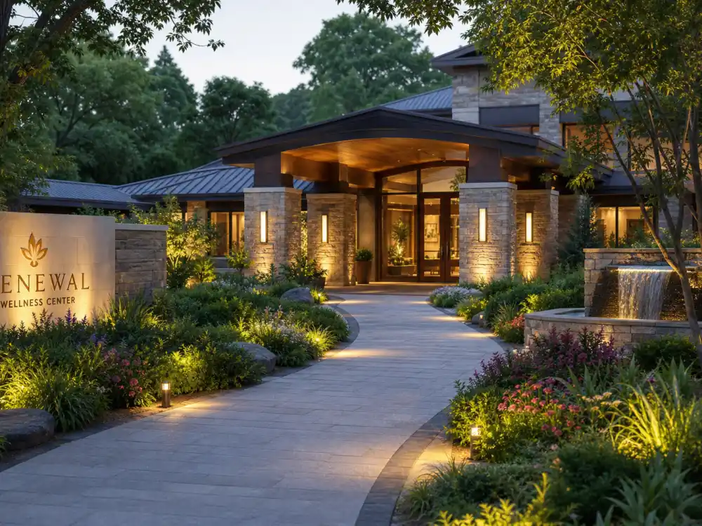 Rehab facility entrance with peaceful garden where Britney Spears checked in after DUI arrest