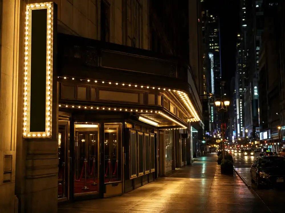 Broadway theater marquee at night representing Beanie Feldstein Funny Girl career before pregnancy announcement