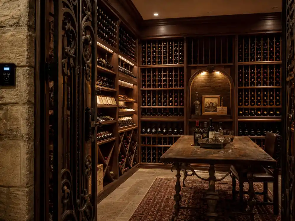 Walnut wine cellar inside a Beverly Hills mansion like the Bruce Willis Beverly Hills home sold estate
