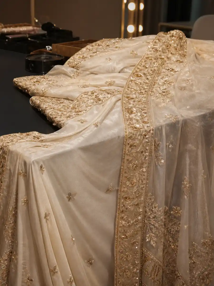 Cannes 2026 fashion row poster with ivory and gold saree fabric detail.
