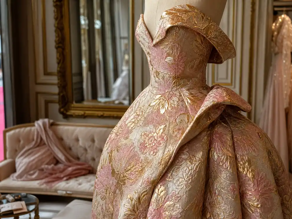 Cannes 2026 red carpet brocade gown detail inspired by regal floral couture.