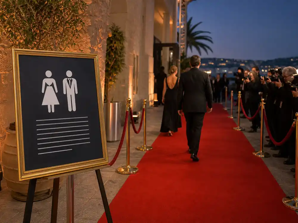 Cannes 2026 red carpet dress-code sign near velvet ropes and photographers.