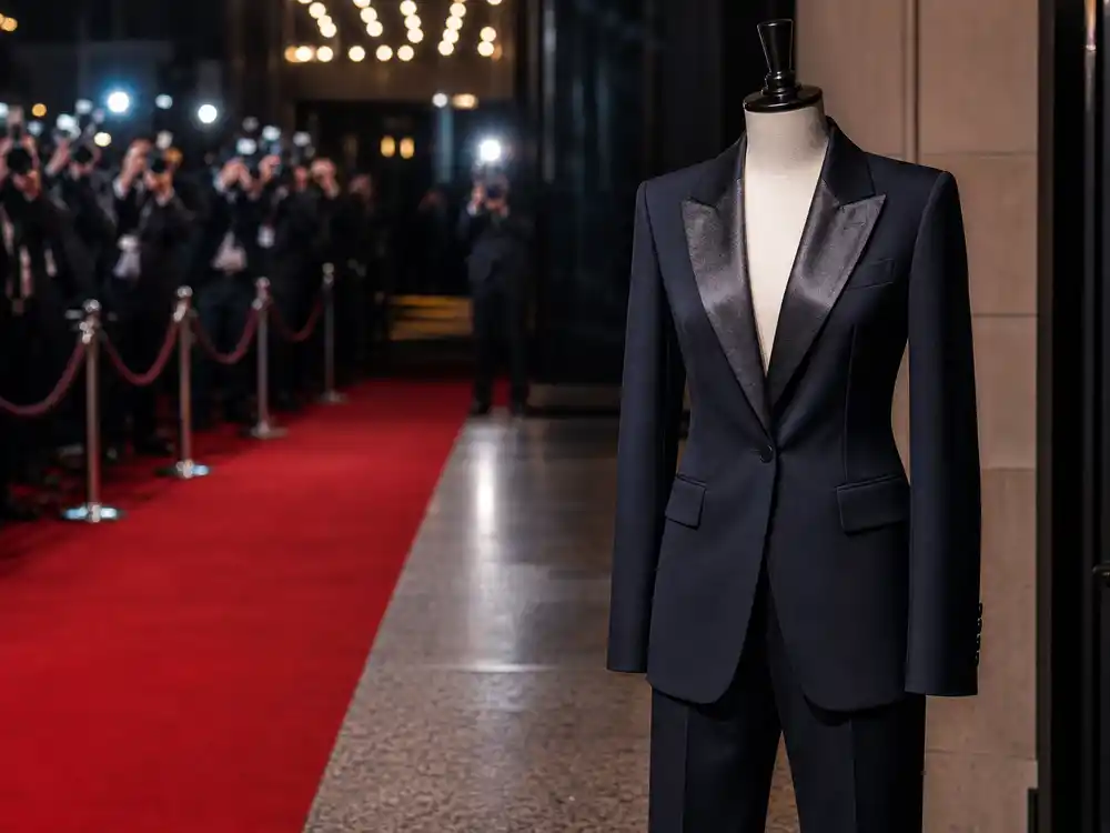 Tailored pantsuit on a mannequin for Cannes 2026 red carpet style analysis.
