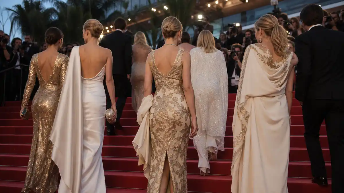 Cannes 2026 viral fashion red carpet scene with anonymous couture guests in ivory and gold.