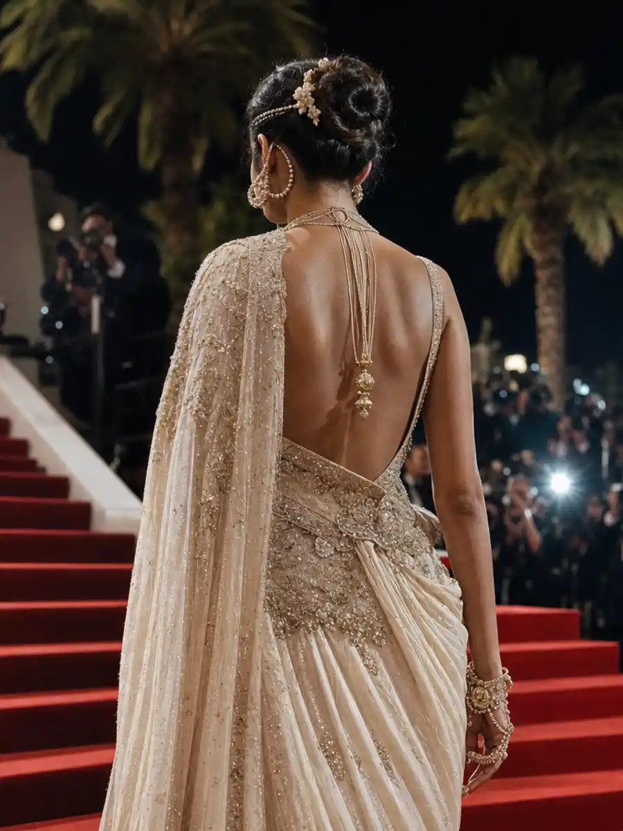 Cannes 2026 viral fashion poster with anonymous ivory couture figure and traditional jewelry on red-carpet steps.