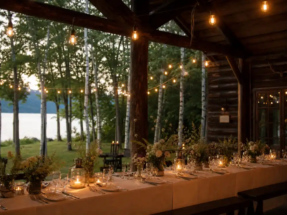 Cedar Lakes summer-camp wedding venue with string lights similar to where Beanie Feldstein pregnant star married wife