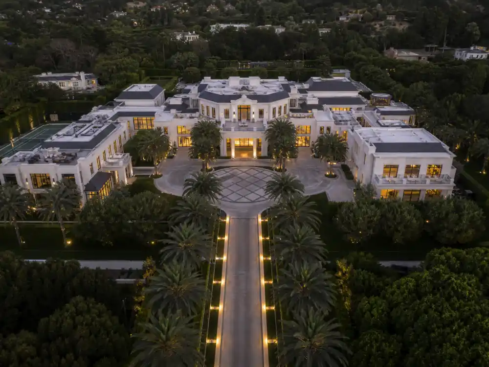 Aerial view of a Mediterranean mega-mansion typical of estates owned by celebrities who can't sell their mansion