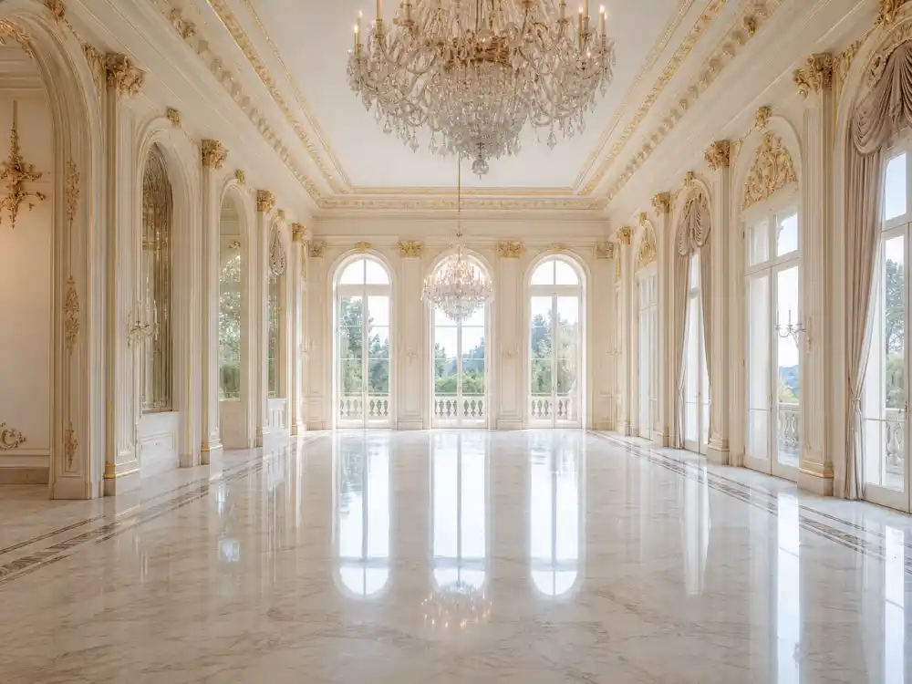 Empty grand ballroom inside one of the mansions belonging to celebrities who can't sell their mansion