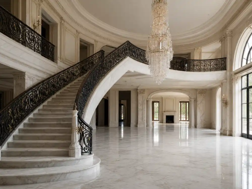 Empty marble foyer inside a vacant celebrity estate showing the inventory issue facing celebrities who can't sell their mansion