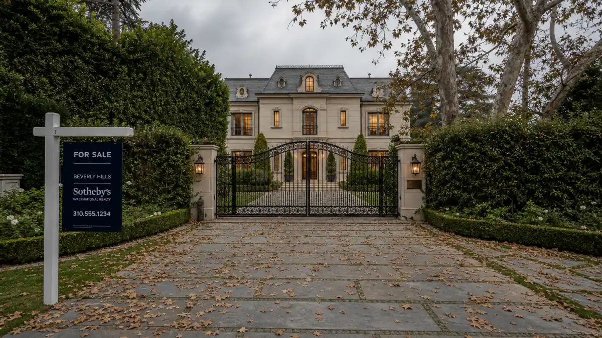 Grand luxury mansion with for sale sign behind iron gates representing celebrities who can't sell their mansion in 2026