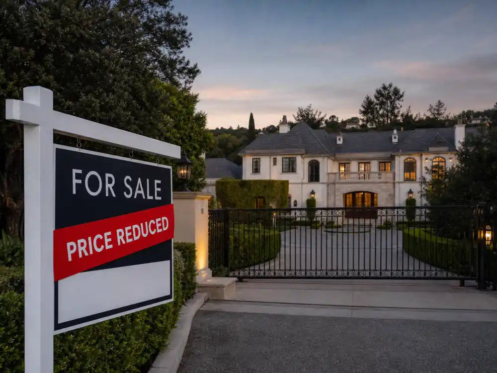 Realtor price reduced sign in front of grand mansion symbolizing the celebrities who can't sell their mansion