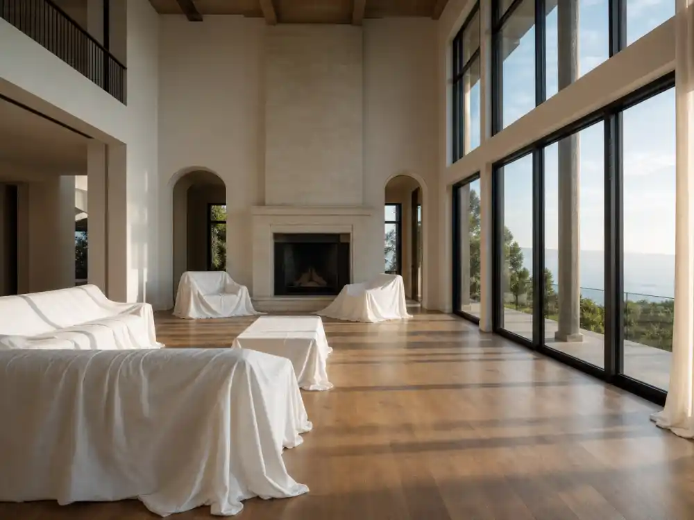 Empty California luxury living room with dust sheets and ocean view after the move-out of celebrities who left California