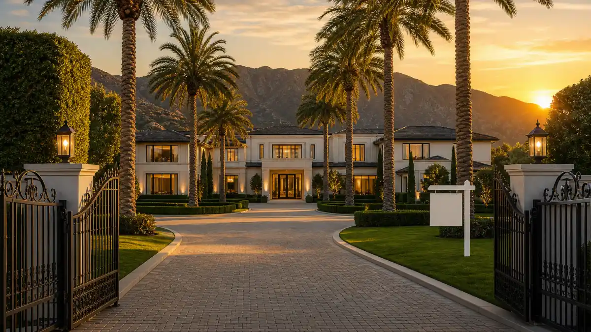 Empty Beverly Hills mansion at sunset behind iron gates with a SOLD sign on the lawn representing the celebrities who left California in 2025 and 2026