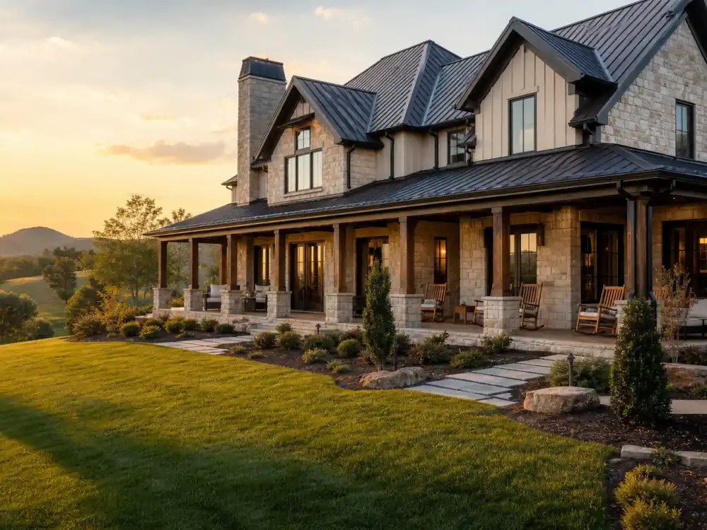 Modern Nashville Tennessee farmhouse mansion with covered porch representing the new homes of celebrities who left California