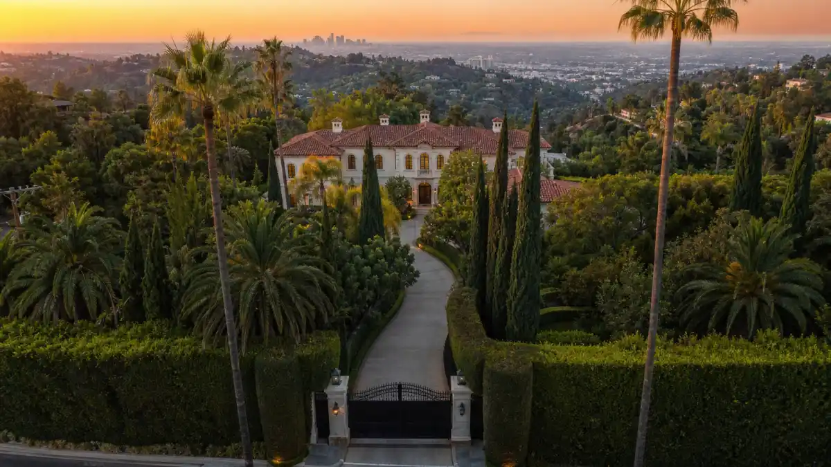 Aerial view of a grand gated estate where many celebrities who live in Bel Air have built their compounds