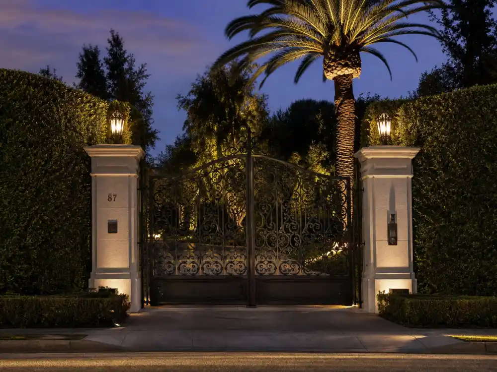 Custom iron security gate of a Bel Air mansion belonging to one of the celebrities who live in Bel Air
