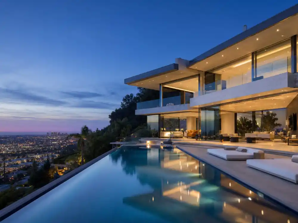 Modern glass-and-concrete cliffside mansion in the style favored by newer celebrities who live in Bel Air