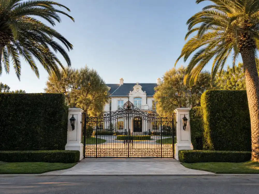 Custom iron security gate of a Beverly Hills mansion belonging to one of the celebrities who live in Beverly Hills