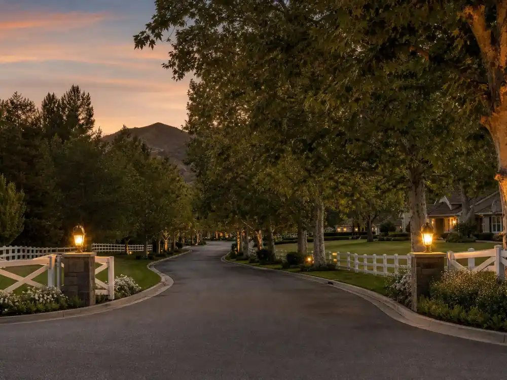 Tree-lined private street inside a Calabasas gated community where celebrities who live in Calabasas raise their families