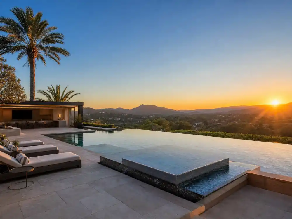 Backyard pool and entertaining pavilion at an estate of one of the celebrities who live in Hidden Hills