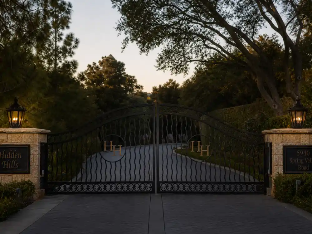Iron security gate of a private estate belonging to one of the celebrities who live in Hidden Hills
