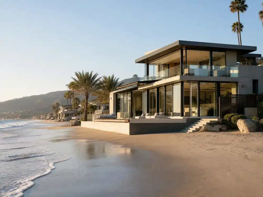 Modern Malibu beachfront mansion with floor-to-ceiling glass walls belonging to one of the celebrities who live in Malibu