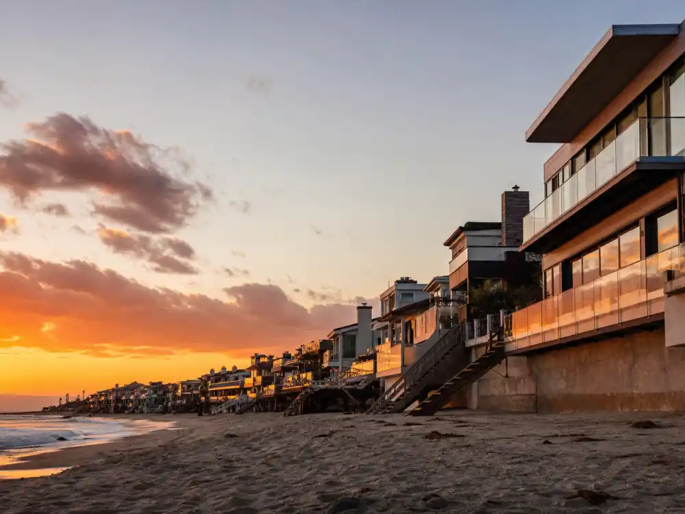 Carbon Beach Malibu Billionaires Beach with row of oceanfront mansions where celebrities who live in Malibu reside