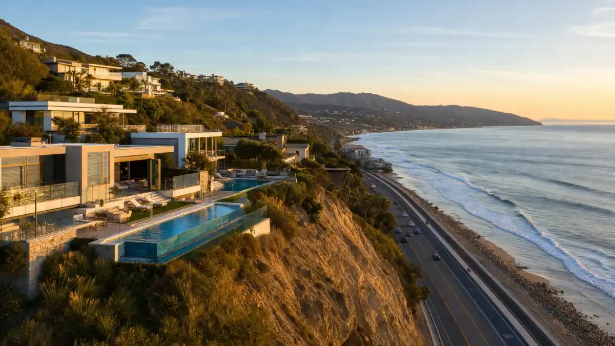 Aerial view of the Malibu coastline at golden hour where many celebrities who live in Malibu have built oceanfront compounds