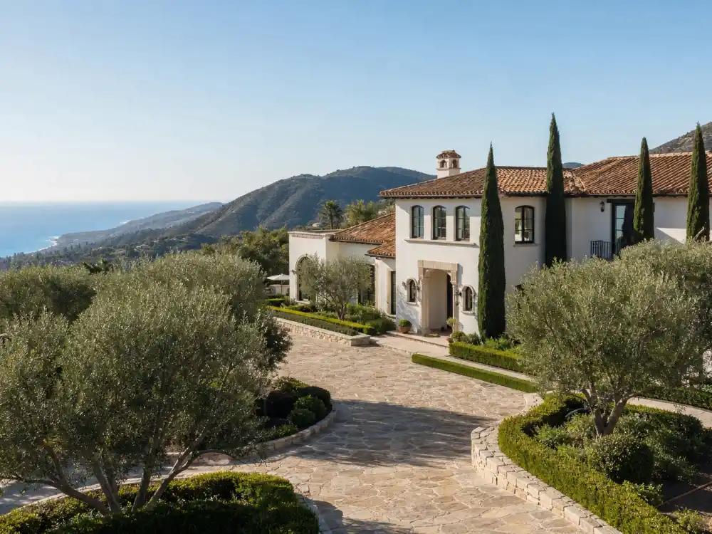 Mediterranean villa estate in the hills above Malibu typical of homes owned by celebrities who live in Malibu
