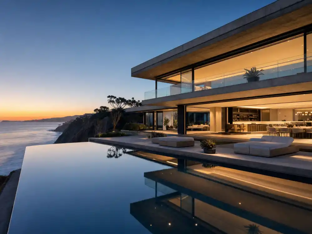 Modern minimalist concrete and glass cliffside mansion in Malibu in the style favored by newer celebrities who live in Malibu