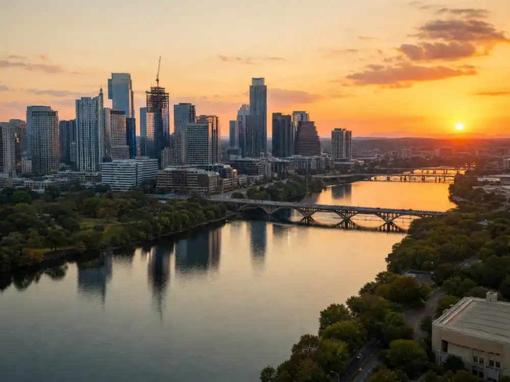 Austin downtown skyline at dusk with Lake Austin reflections symbolizing the celebrities who moved to Texas