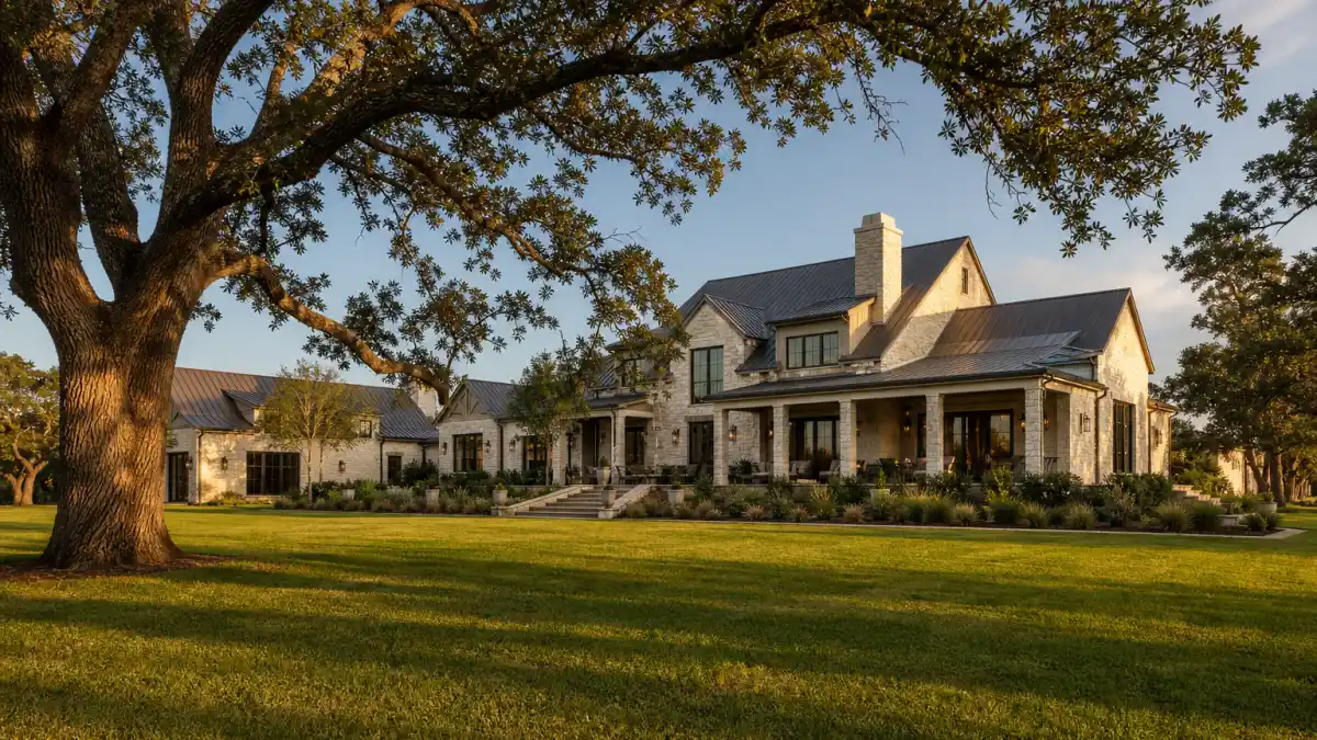 Aerial shot of a Texas Hill Country limestone mansion at golden hour representing celebrities who moved to Texas in 2025 and 2026