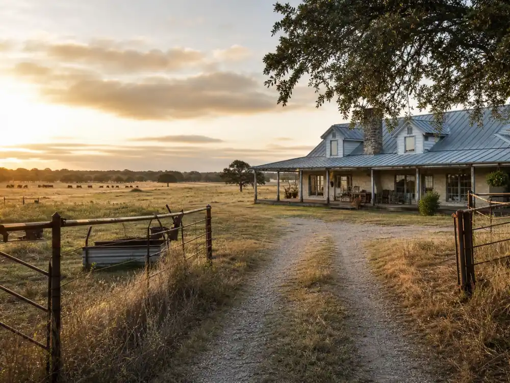 Sprawling Texas cattle ranch at sunrise representing the rural retreats of celebrities who moved to Texas