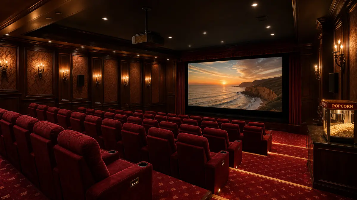 Celebrities with home theaters — luxury private cinema with red velvet seats and dramatic projector lighting