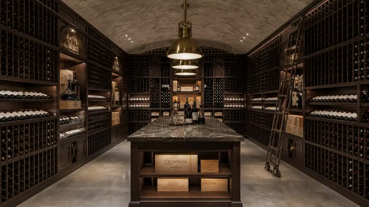 Subterranean walnut wine cellar with thousands of bottles in racks representing celebrities with wine cellars