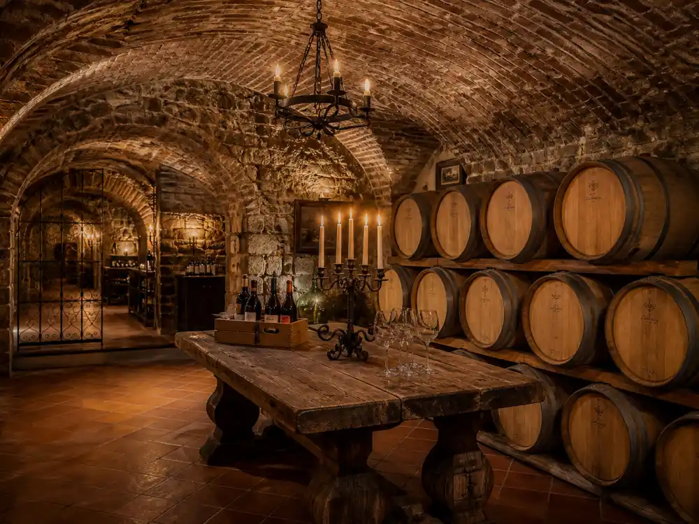 Underground tasting room with central oak table and crystal decanters in celebrities with wine cellars