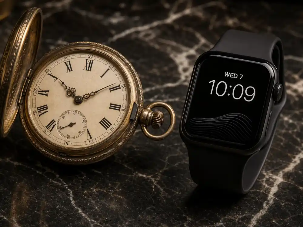 Vintage pocket watch alongside a modern smartwatch representing the time gap in celebrity age gap relationships